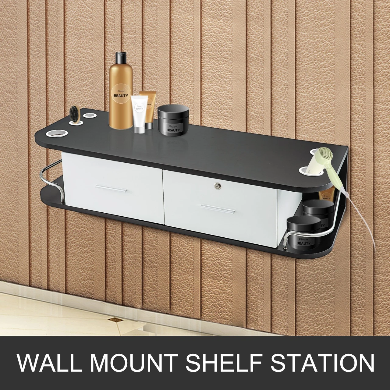 Black & White Salon Wall Mount Styling Station Classic Locking 2 Drawers Storage Beauty Salon Spa Equipment Barber Station