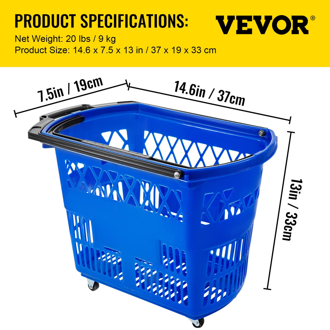 6PCS Shopping Carts, Blue Shopping Baskets with Handles, Plastic Rolling Shopping Basket with Wheels, Portable Shopping Basket Set for Retail Store