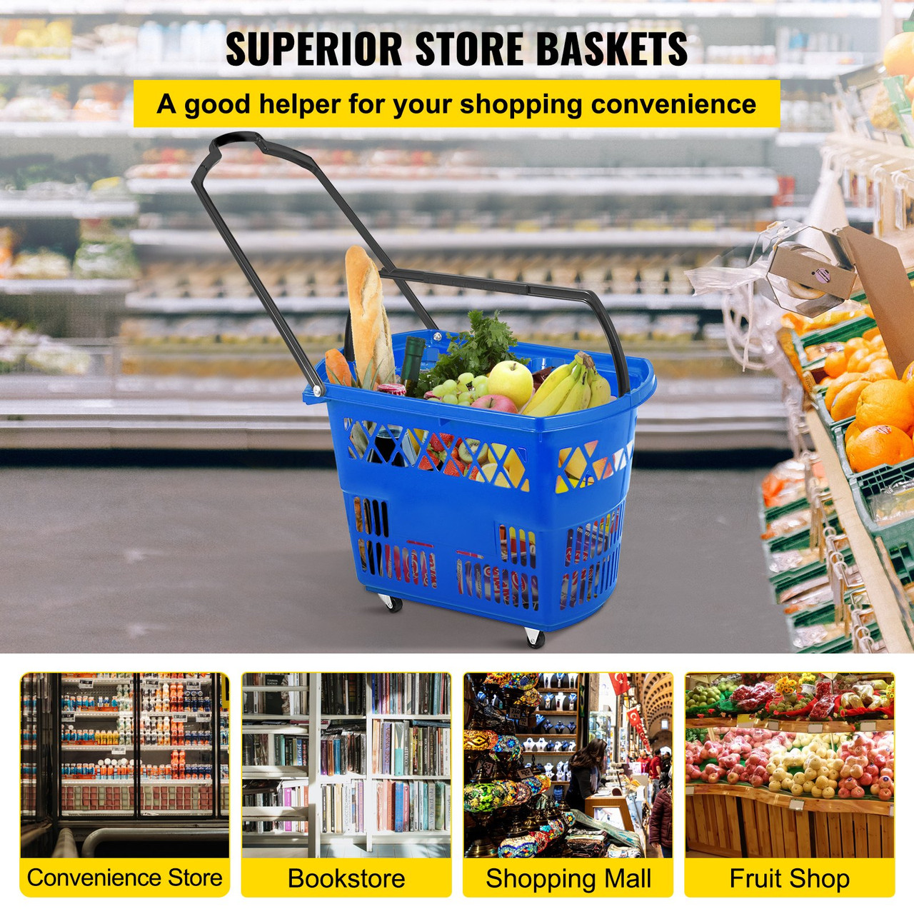 6PCS Shopping Carts, Blue Shopping Baskets with Handles, Plastic Rolling Shopping Basket with Wheels, Portable Shopping Basket Set for Retail Store