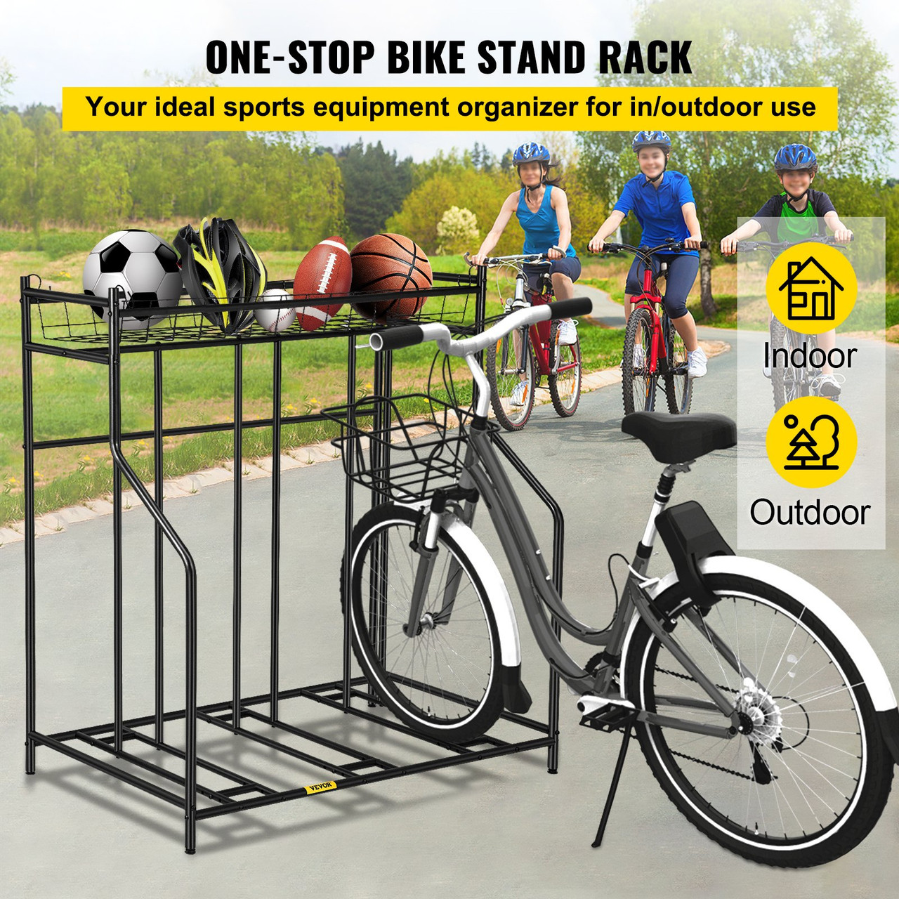 Bike Stand Rack, Bicycle Floor Bike Rack, Widths Adjustable Metal Bike Stand Storage w/ Basket, (3 Bike Stand Rack)