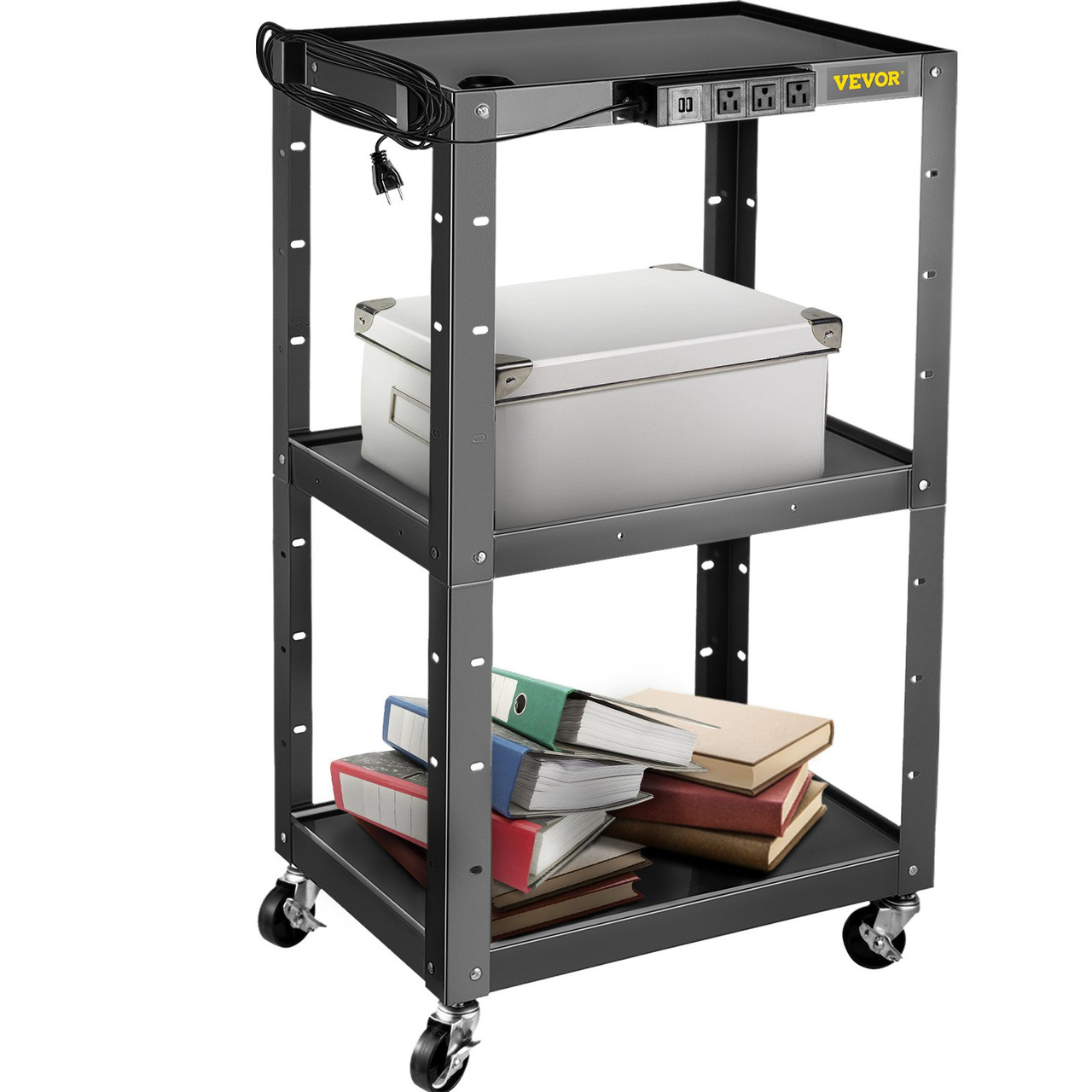 Steel AV Cart, 24-42" Height Adjustable Media Cart with Electric Power Cord, 24 x 32" Presentation Cart with 3 shelves, 150 LBS Rolling Projector