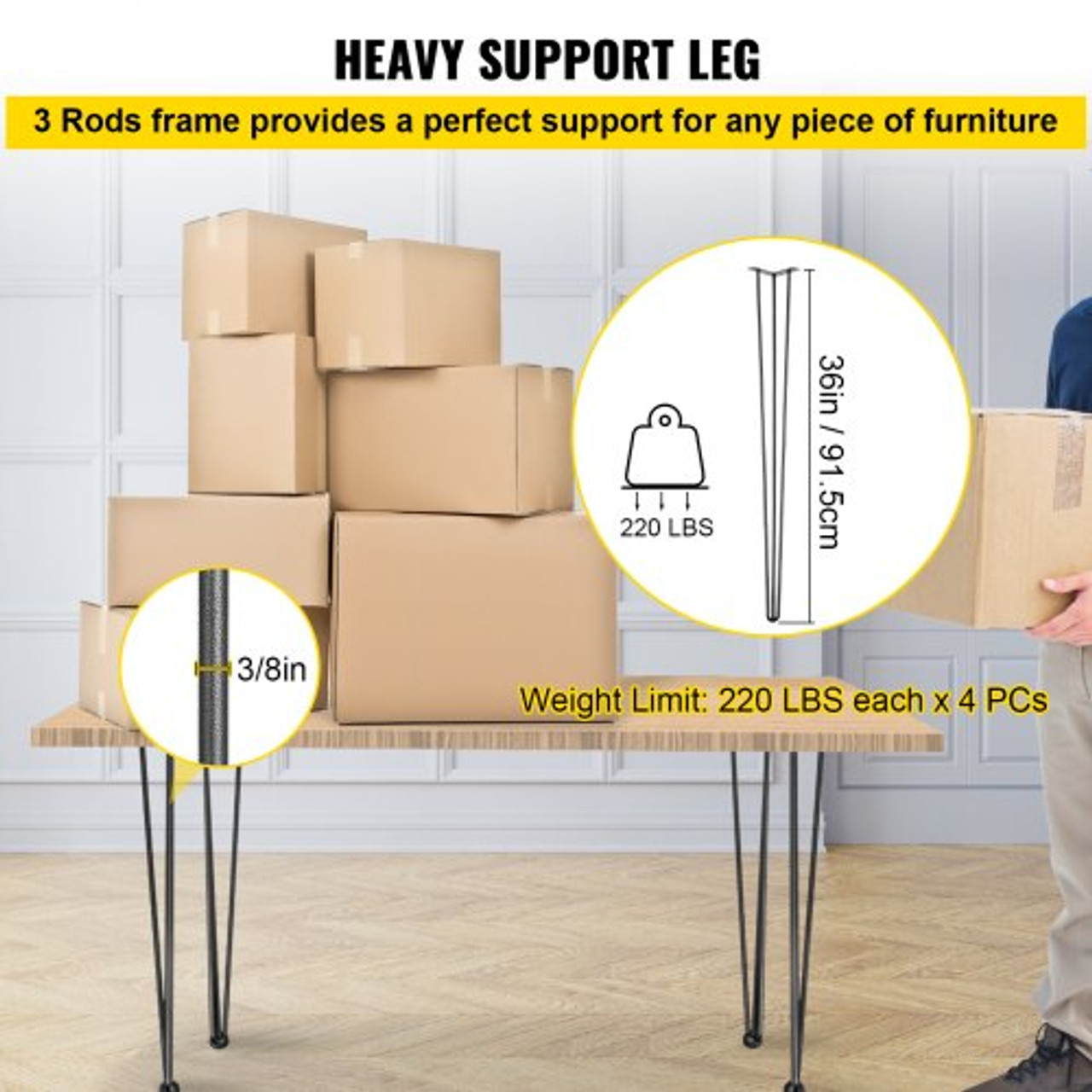 Hairpin Table Legs 36" Black Set of 4 Desk Legs 880lbs Load Capacity (Each 220lbs) Hairpin Desk Legs 3 Rods for Bench Desk Dining End Table Chairs Carbon Steel DIY Heavy Duty Furniture Legs