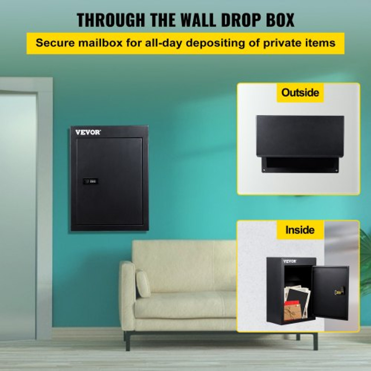 Through The Wall Drop Box, 12.5''x6.3''x16.9'' Mail Drop Box w/Adjustable Chute, Deposit Drop Box w/Code Lock, Rainproof Wall Mount Mailbox for Letters, Rents, Check & Keys, Home & Office, Black