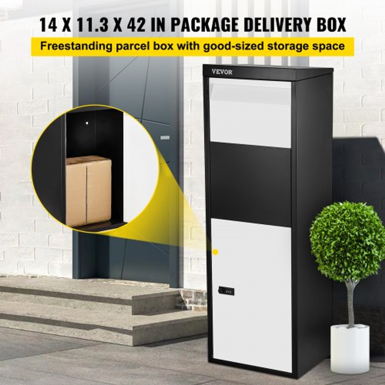 Package Delivery Box, 14'' x 11.3'' x 42'' Galvanized Steel Parcel Mailbox w/Code Lock & Mounting Hardware, for Outdoor Porch, Curbside, Large, x11.3''x42'', Black and White