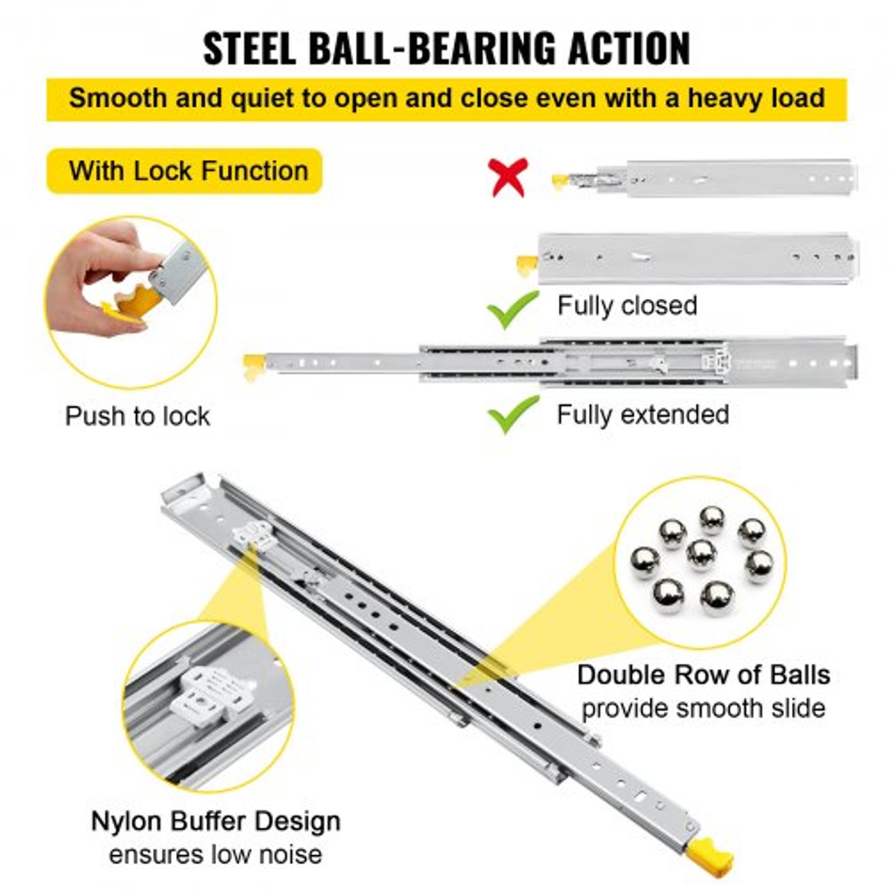 Drawer Slides with Lock, 1 Pair 38 inch, Heavy-Duty Industrial Steel up to 500 lbs Capacity, 3-Fold Full Extension, Ball Bearing Lock-in & Lock-Out, Side Mount