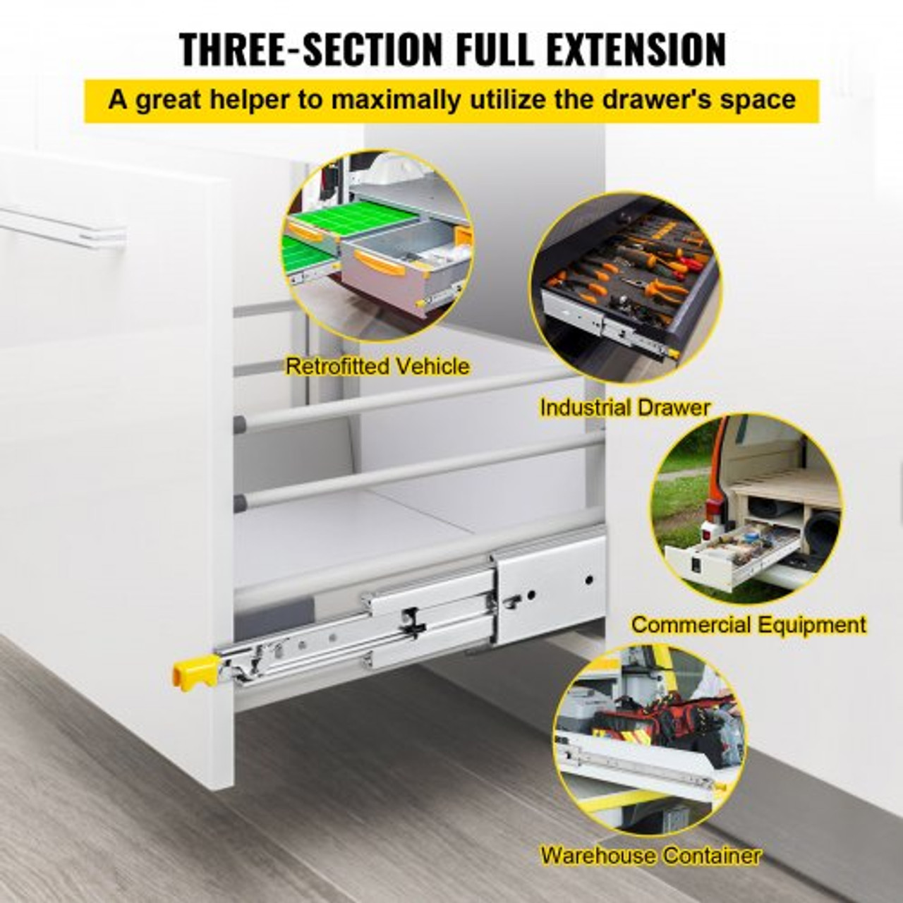 Drawer Slides with Lock, 1 Pair 44 inch, Heavy-Duty Industrial Steel up to 500 lbs Capacity, 3-Fold Full Extension, Ball Bearing Lock-in & Lock-Out, Side Mount