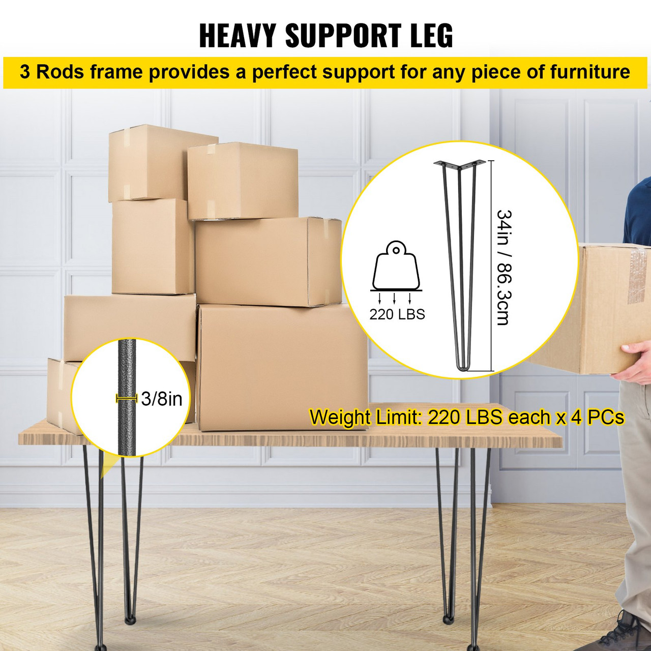 Hairpin Table Legs 34" Black Set of 4 Desk Legs 880lbs Load Capacity (Each 220lbs) Hairpin Desk Legs 3 Rods for Bench Desk Dining End Table Chairs Carbon Steel DIY Heavy Duty Furniture Legs