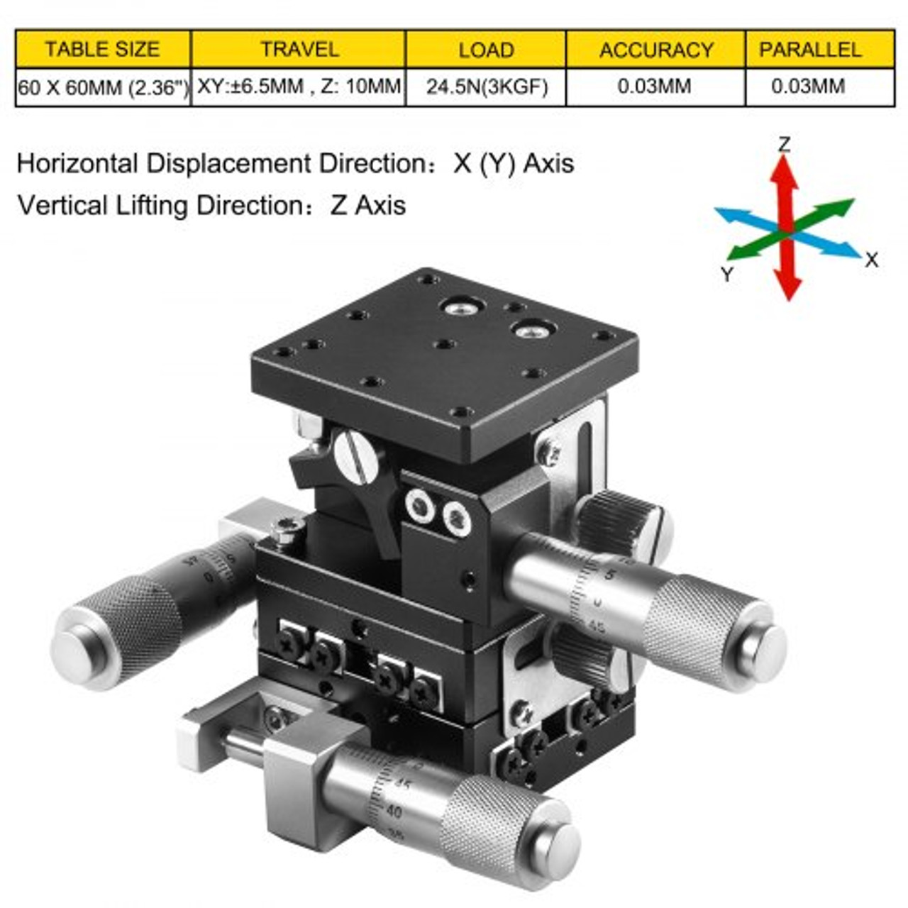 XYZ Linear Stage 3 Axles 60 x 60 mm Trimming Platform, Bearing Tuning Platform Sliding Table, XYZ 3 Directions Manual Linear Stage for Optical Instruments, Measuring Devices, Semiconductor