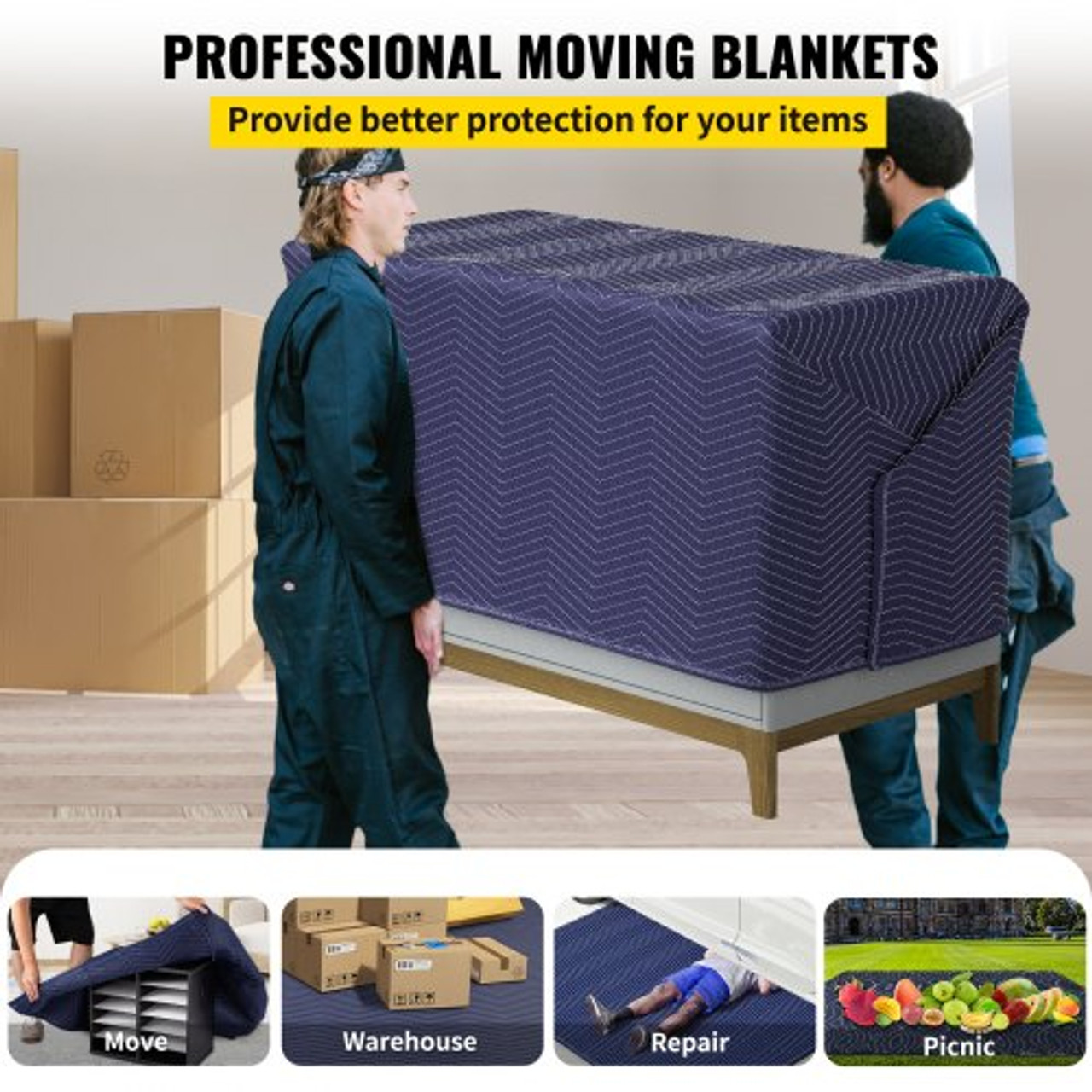 Moving Blankets, 80" x 72" (42 lb/dz Weight)-12 Packs, Professional Non-Woven & Recycled Cotton Packing Blanket, Heavy Duty Mover Pads for Protecting Furniture, Floors, Appliances, Blue