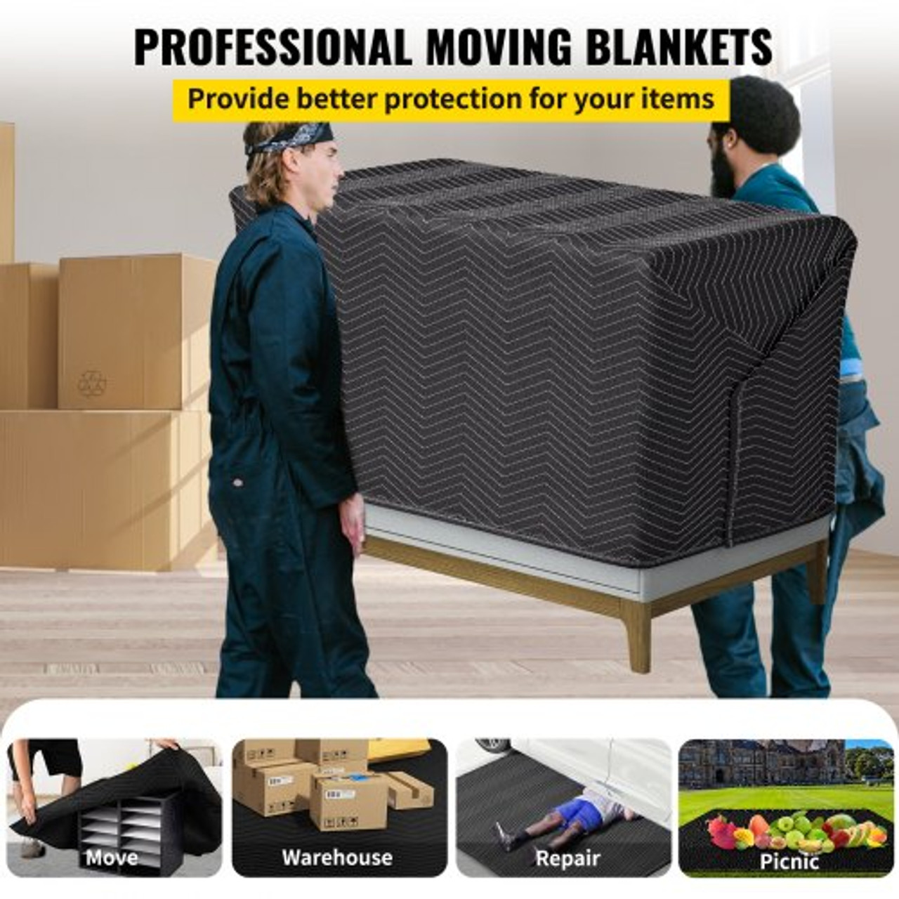 Moving Blankets, 80" x 72" (45 lb/dz Weight)-6 Packs, Professional Non-Woven & Recycled Cotton Packing Blanket, Heavy Duty Mover Pads for Protecting Furniture, Floors, Appliances, Black