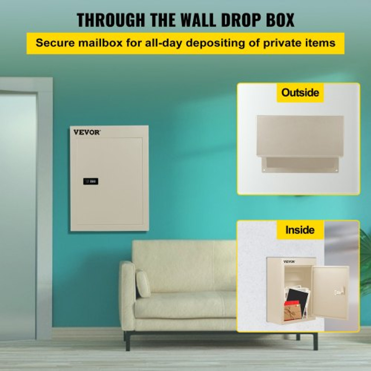 Through The Wall Drop Box, 12.5''x6.3''x16.9'' Mail Drop Box w/Adjustable Chute, Deposit Drop Box w/Code Lock, Rainproof Wall Mount Mailbox for Letters, Rents,Checks & Keys, Home & Office, Beige