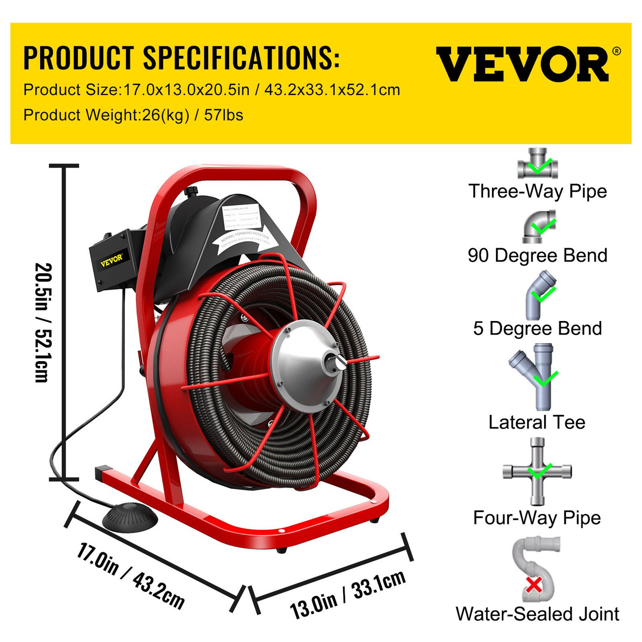 75' x 3/8" Drain Cleaner 250 W Drain Cleaning Machine Sewer Clog w/ Cutters