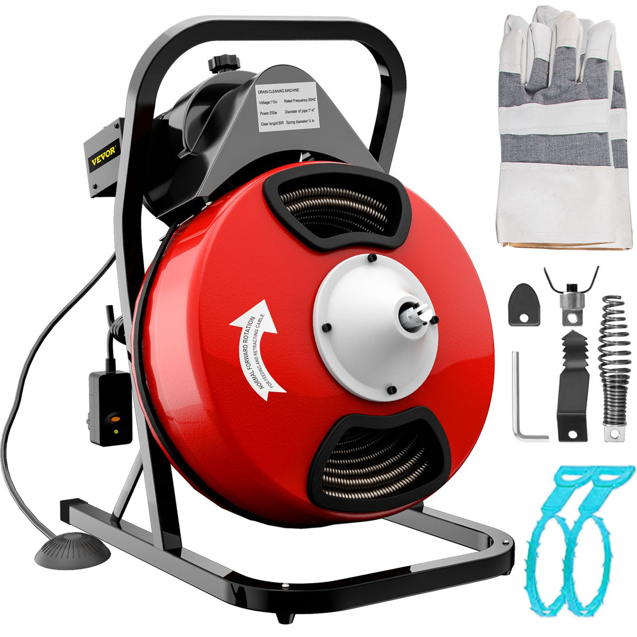VEVOR 75Ft x 1/2Inch 370W Drain Cleaning Machine Portable Electric Drain  Auger with Cutters Glove Drain Auger Cleaner Sewer Snake fit 1 Inch (25mm)  to 4 Inch(100mm) Pipes