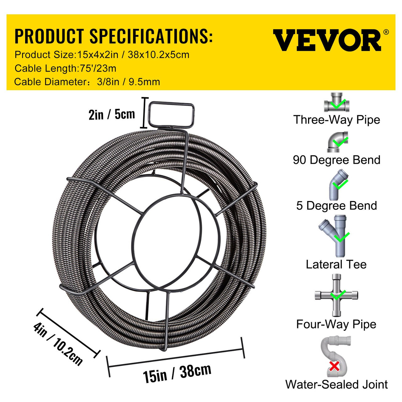 Drain Cleaning Cable 75 Feet x 3/8 Inch Solid Core Cable Sewer Cable Drain Auger Cable Cleaner Snake Clog Pipe Drain Cleaning Cable Sewer Drain Auger Snake Pipe