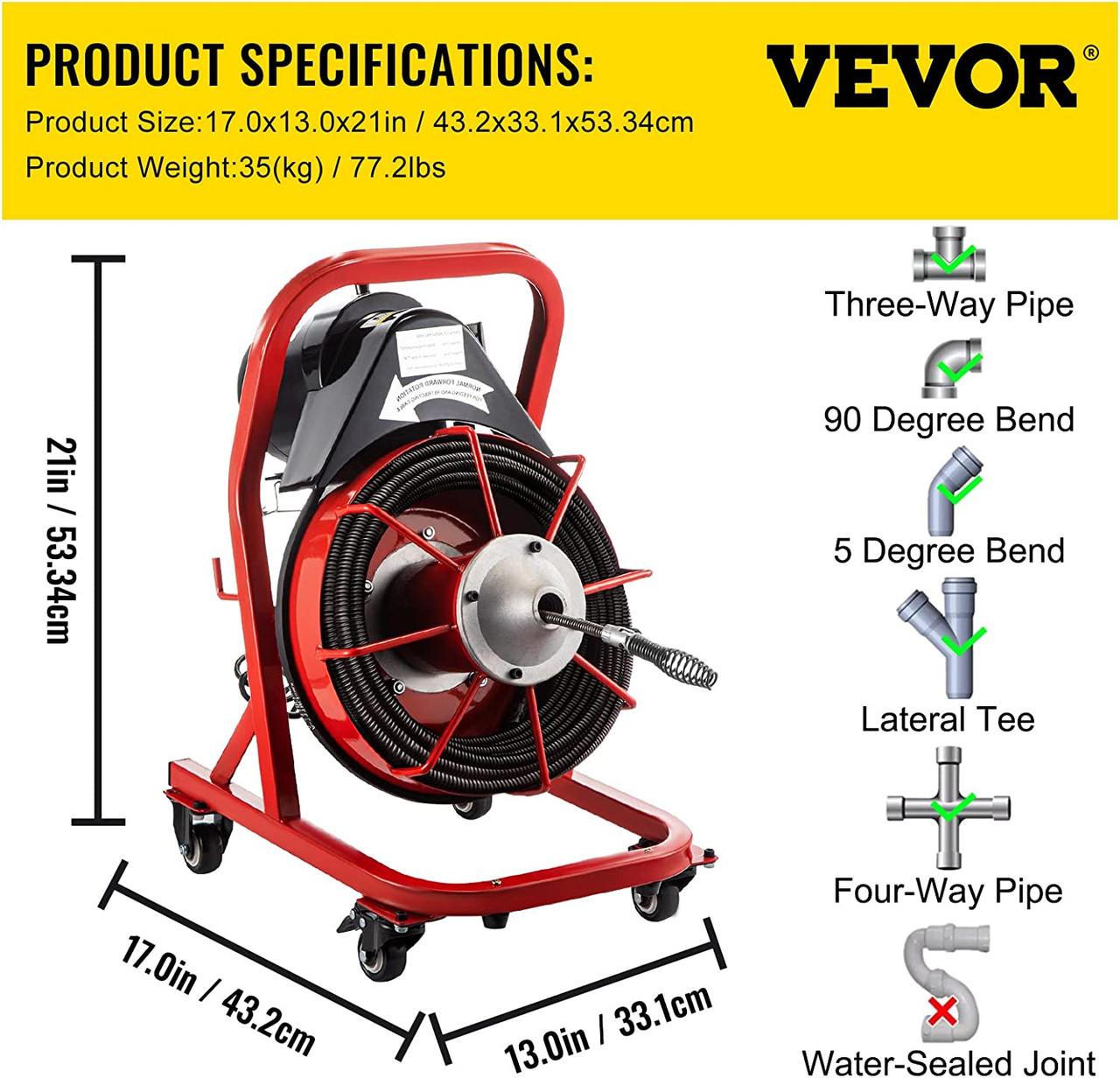 VEVOR Drain Cleaner Machine 75ft x 1/2 in, Drain Cleaning Machines 370W  Drain Auger for 1 to 4 Pipes Electric Drain Snake Drill 