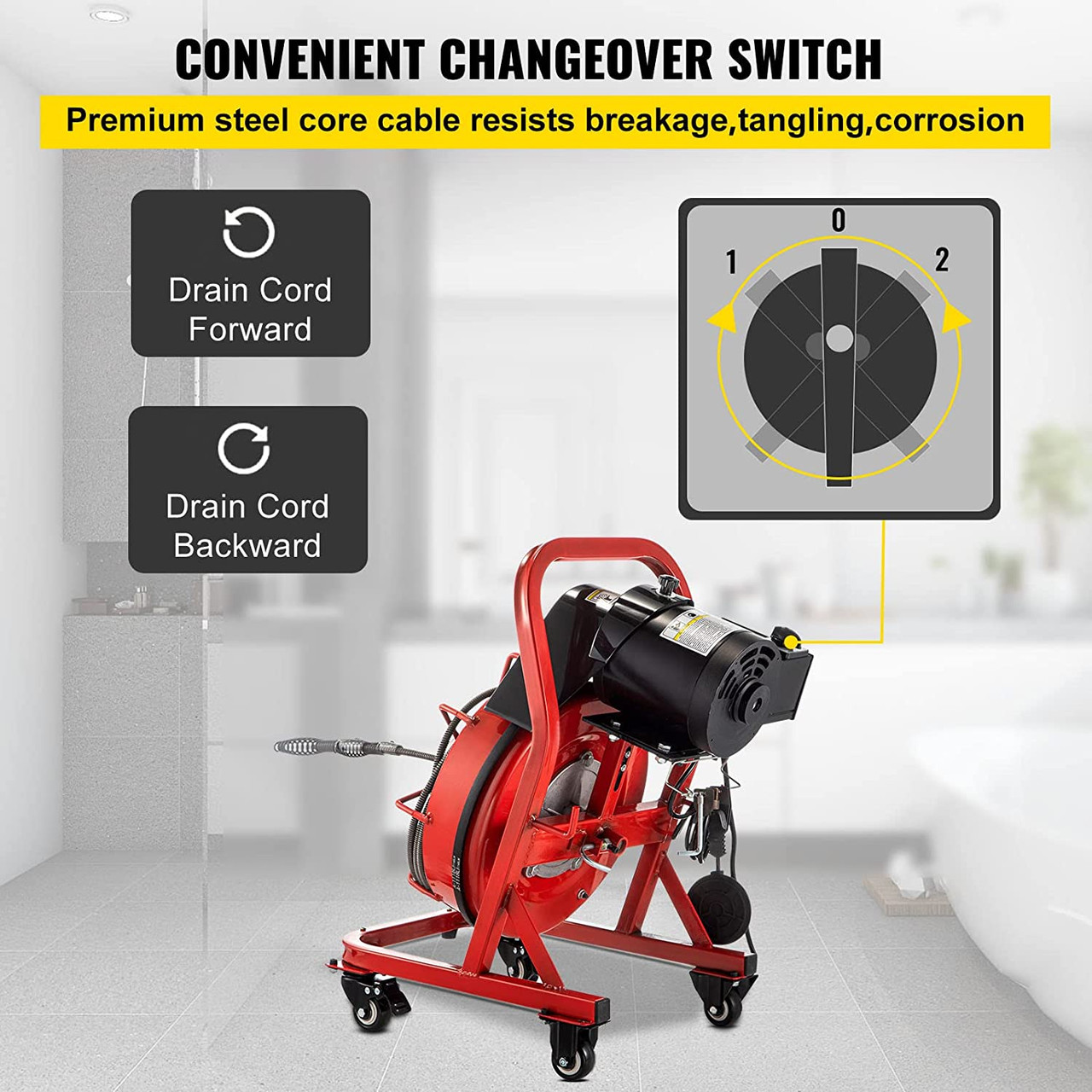 VEVOR Drain Cleaner Machine 75ft x 1/2 in, Drain Cleaning Machines 370W Drain Auger for 1 inch to 4 inch Pipes Electric Drain Snake Drill, Red