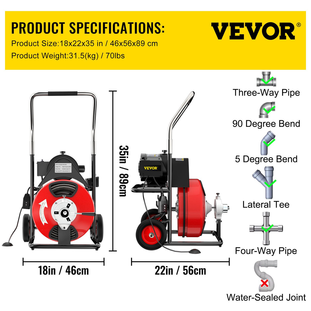 75Ft x 3/8Inch Drain Cleaner Machine fit 1-1/4 Inch (32mm) to 4 Inch(100mm) Pipes 370W Drain Cleaning Machine Portable Electric Drain Auger with 2 Sets of Cutters Electric Drain Auger