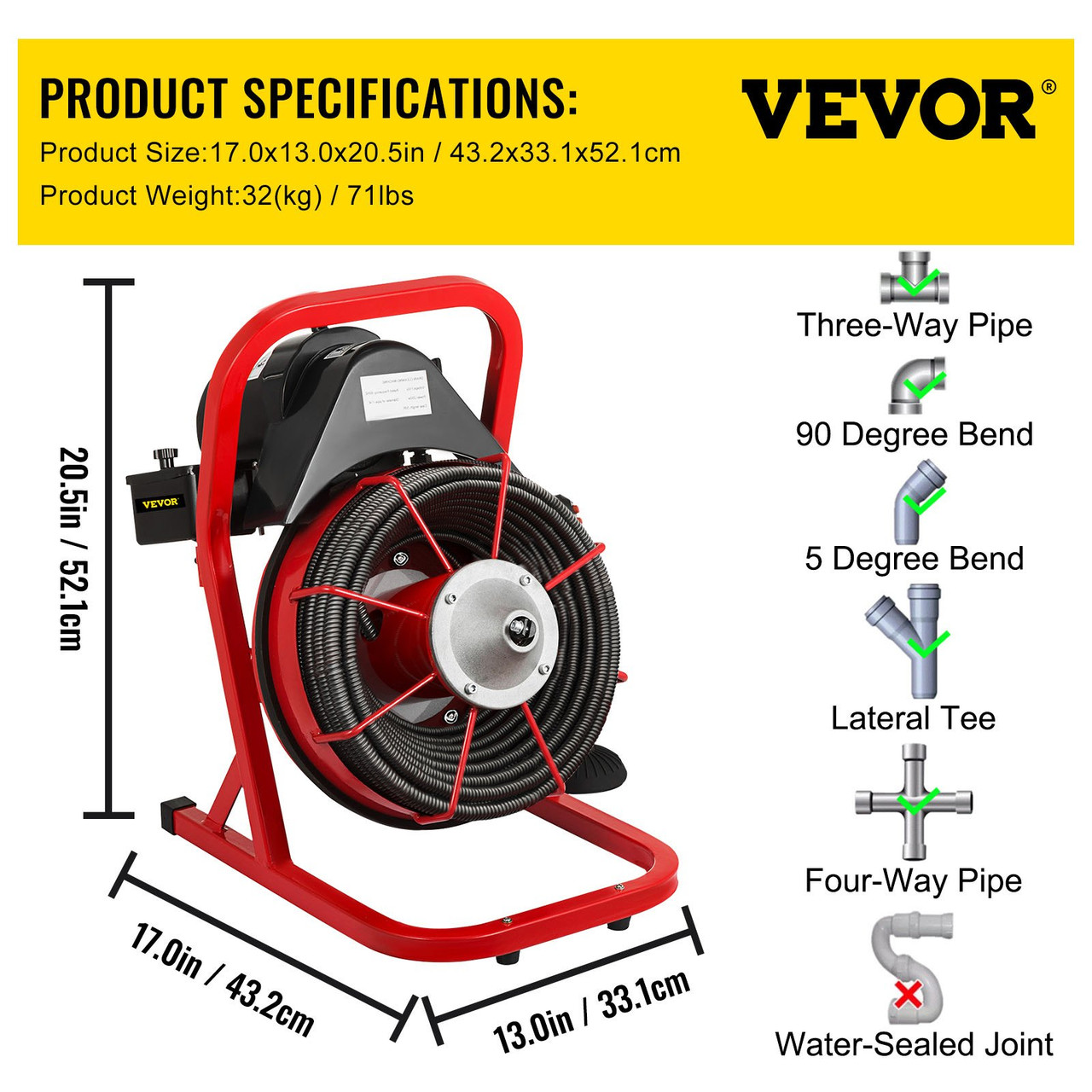 VEVOR Electric Drain Auger 50FTx1/2Inch,250W Drain Cleaner Machine,Sewer  Snake Machine,Fit 2''- 4''/51mm-102mm Pipes, w/4 Wheels, Cutters,Foot  Switch, for Drain Cleaners Plumbers