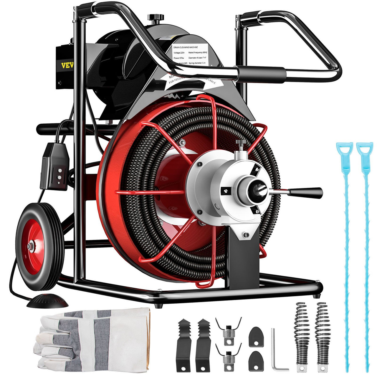 50 Ft x 1/2Inch Drain Cleaner Machine Auto Feed fit 1"(25mm) to 4"(100mm) Pipes 370W Open Drain Cleaning Machine Portable Electric Drain Auger with Cutters Glove Sewer Snake