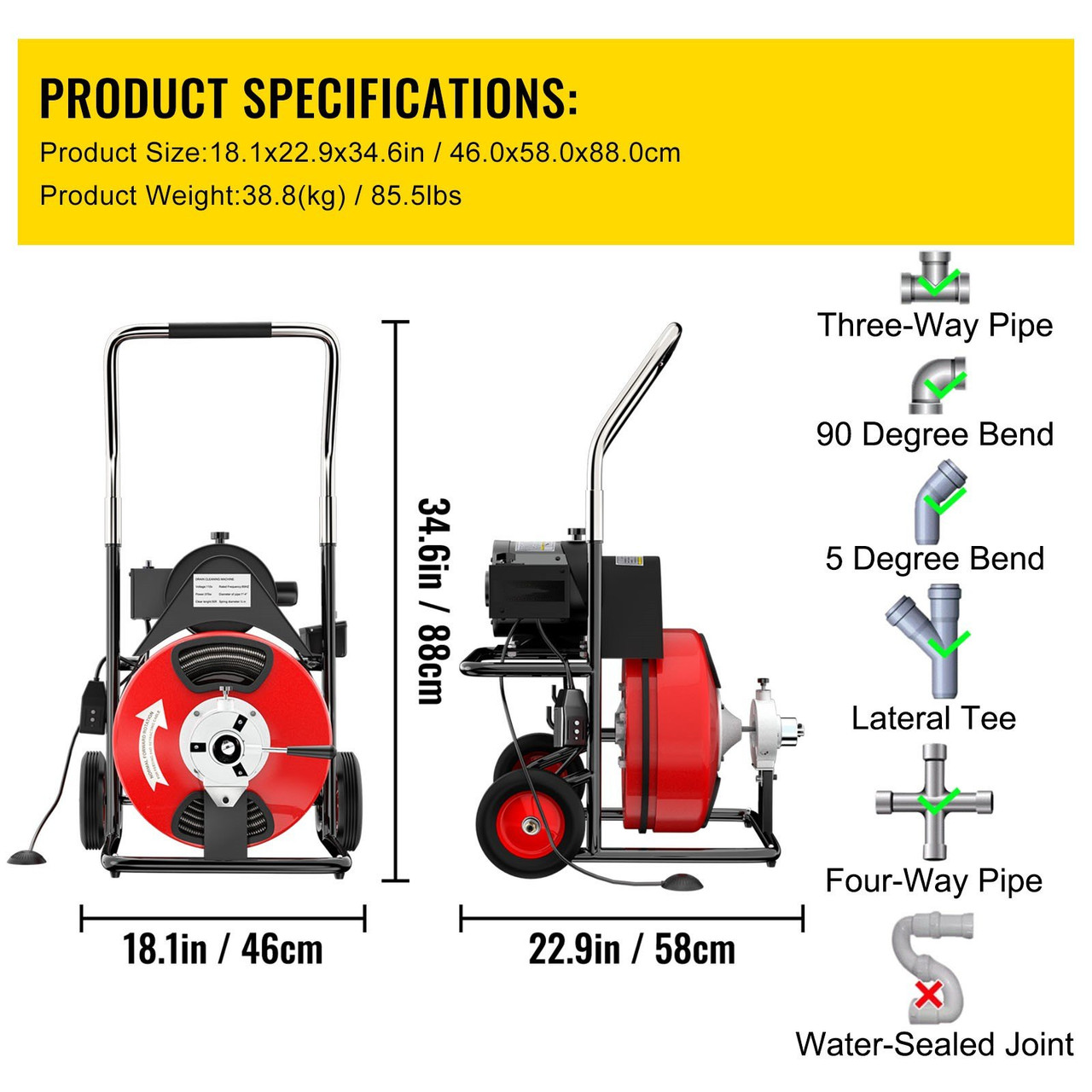 Electric Drain Auger, 50' x 1/2, 250W Sewer Snake Machine Fit 2''- 4''  Pipes w/