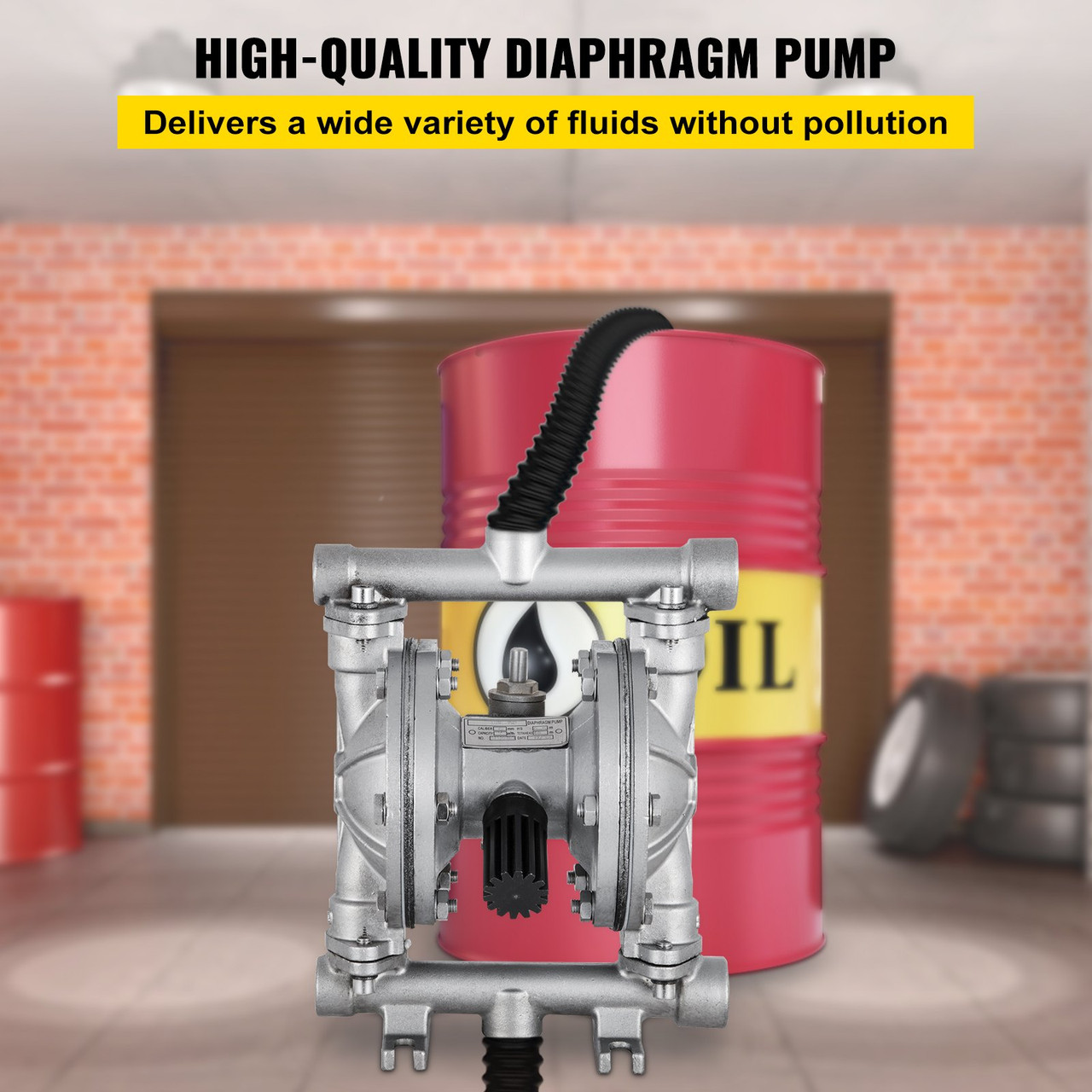Air-Operated Double Diaphragm Pump, 1/2 in Inlet & Outlet, Stainless Steel Body, 8.8 GPM & Max 120PSI, PTFE Diaphragm Pneumatic Transfer Pump for Petroleum, Diesel, Oil & Low Viscosity Fluids