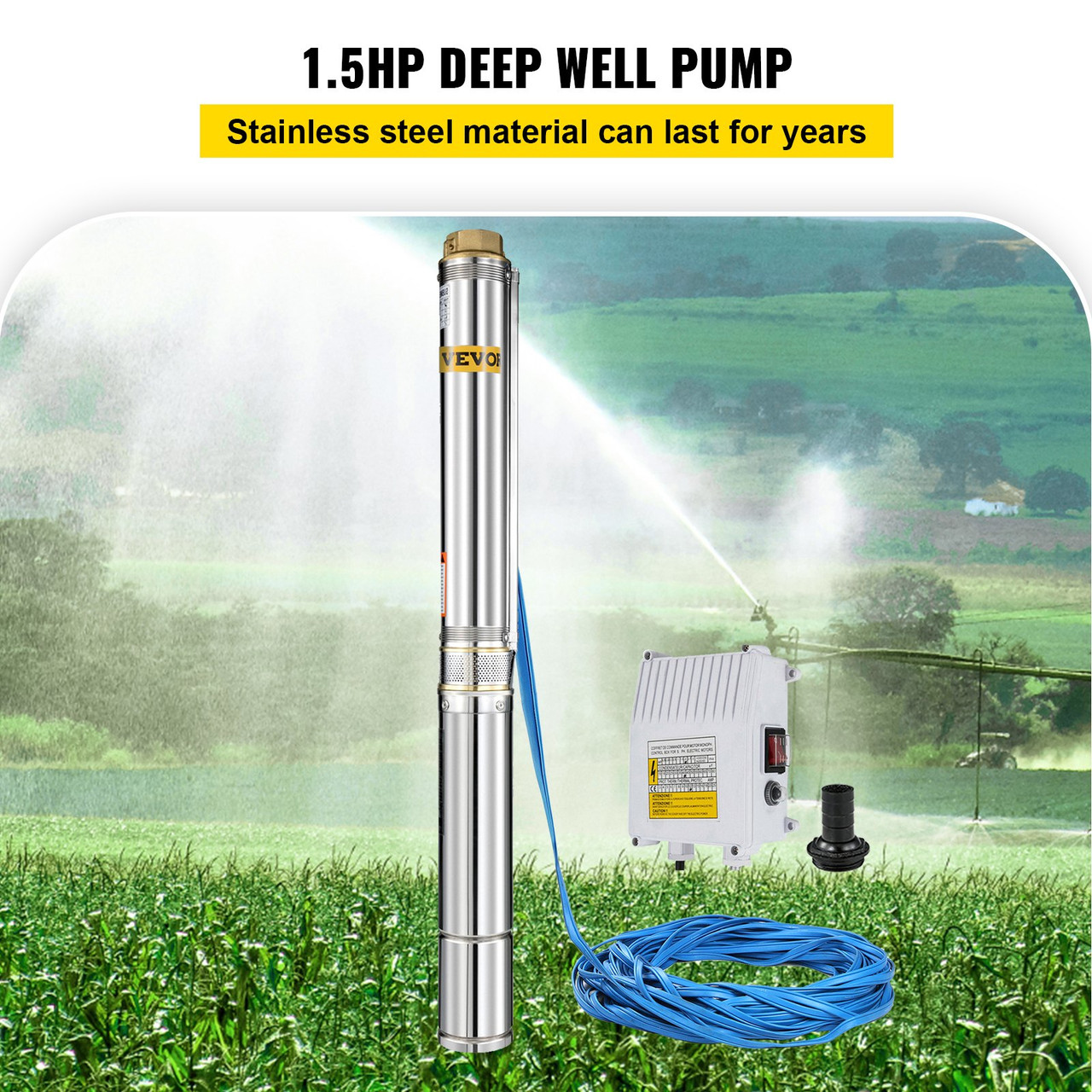 Well Pump 1.5 HP Submersible Well Pump 390ft Head 24GPM Stainless Steel Deep Well Pump for Industrial and Home Use