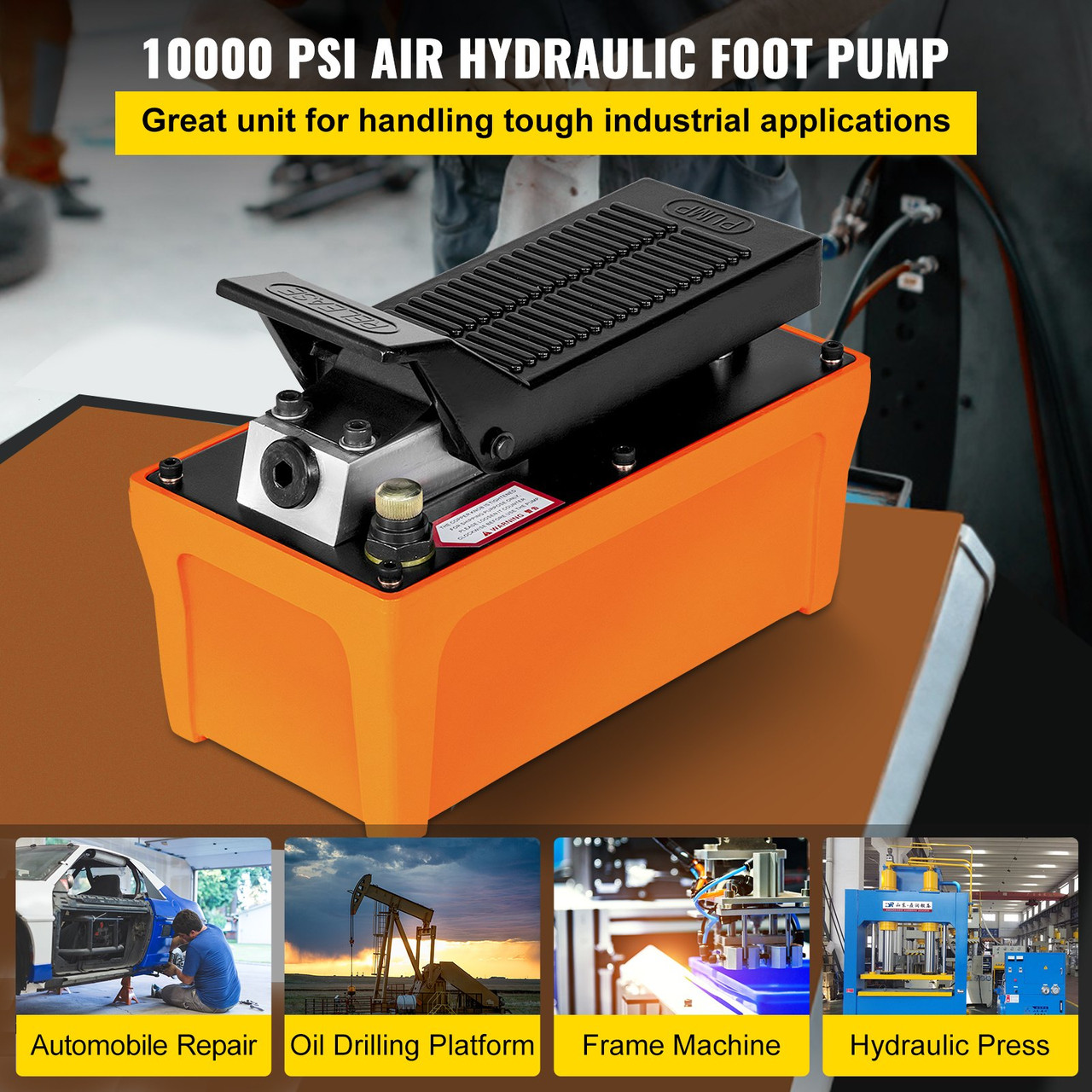 Air Hydraulic Pump 10000 PSI Air Over Hydraulic Pump 1/2 Gal Reservoir Air Treadle Foot Actuated Hydraulic Pump 3/8" NPT with 4.1 ft Hose 2 Connector Single Acting for Car Repair, Orange (Pump Comes Without Oil)