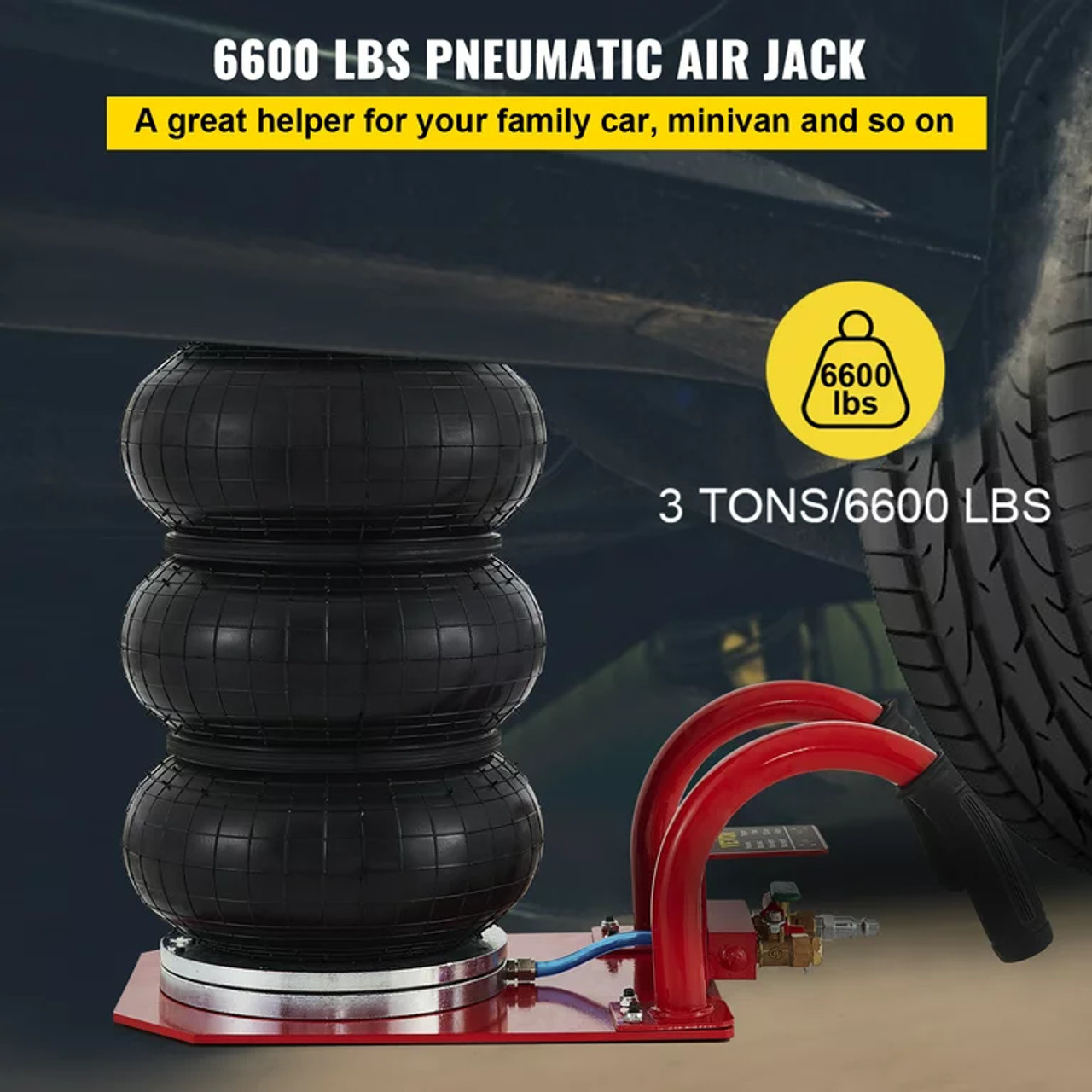 Pneumatic Jack, 3 Ton/6600 LBS Air Bag Jack, Triple Bag Air Jack for Vehicle, Extremely Fast Lifting Action, Max Height 15.75"/400 mm, with Wheels,