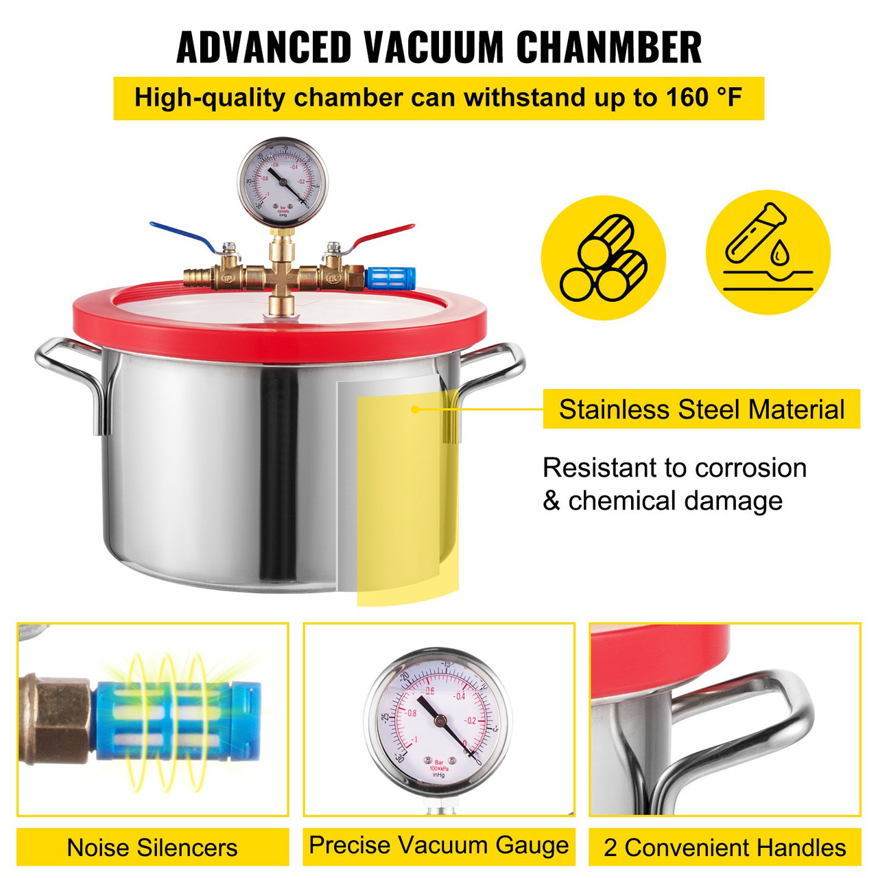 1 Gallon Vacuum Degassing Chamber Stainless Steel Degassing Chamber 3.8L Vacuum Chamber Kit with 3 CFM Single Stage Vacuum Pump(3CFM Vacuum Pump + 1 Gallon Vacuum Chamber)