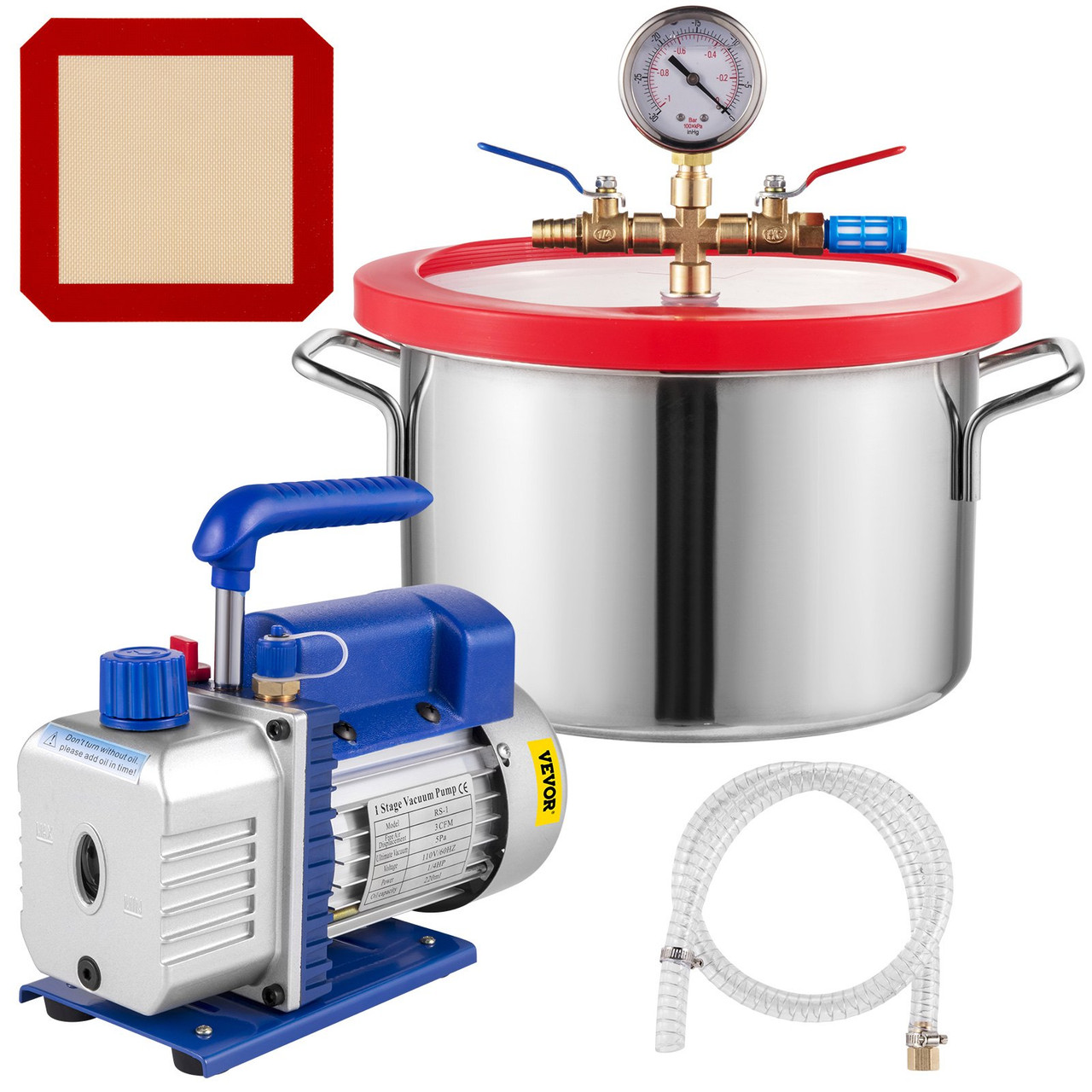 1 Gallon Vacuum Degassing Chamber Stainless Steel Degassing Chamber 3.8L Vacuum Chamber Kit with 3 CFM Single Stage Vacuum Pump(3CFM Vacuum Pump + 1 Gallon Vacuum Chamber)