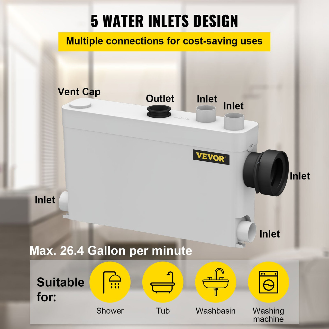 Macerator Pump, 400W Macerator Toilet Pump, w/ 4 Water Inlets
