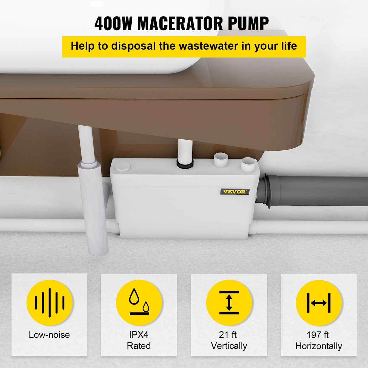 Macerator Pump 400W, 5 Inlets(1 Sided) for Basement, Kitchen, Sink, Shower, Bathtub Waste Water Disposal Upflush Machine, Elevation up to 21ft, White