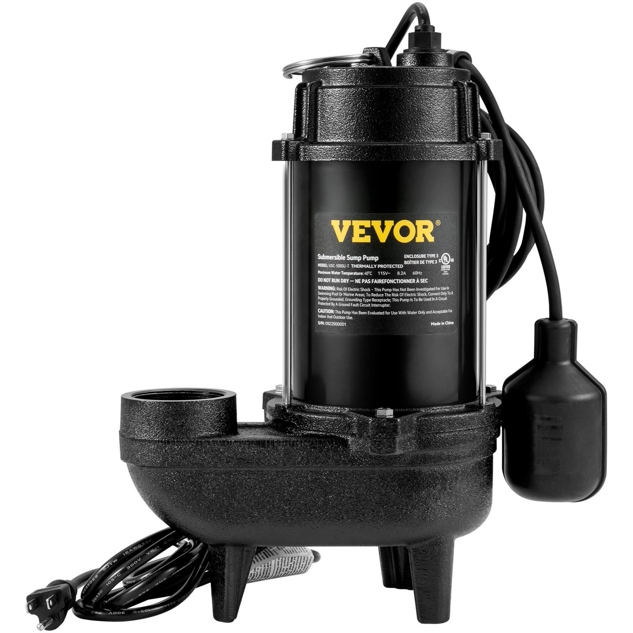 Submersible Sewage Pump Water Pump 3/4 HP 5880GPH Cast Iron with Float
