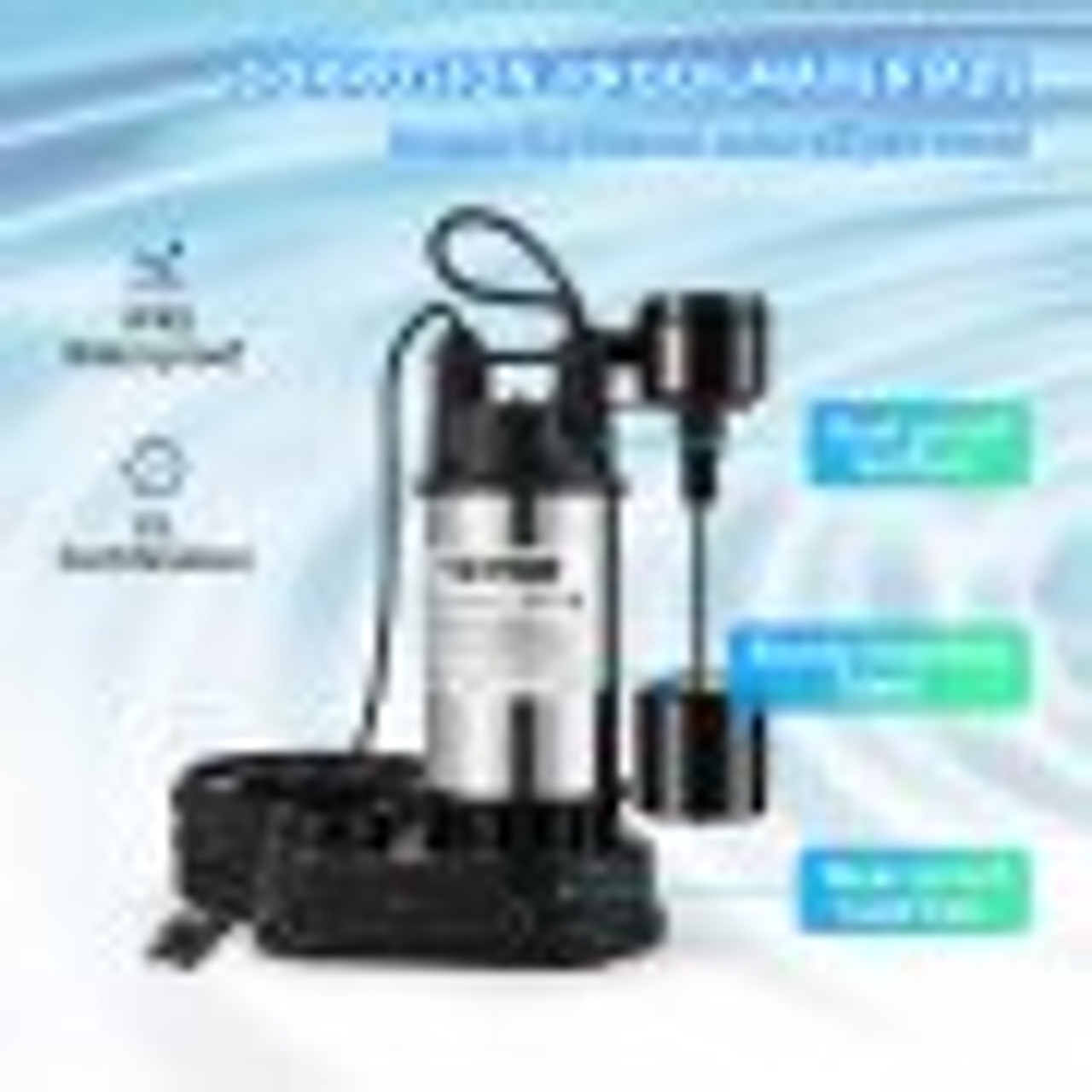 1.5 HP Submersible Cast Iron and Steel Sump Pump, 6000 GPH Submersible Water Pump with Integrated Vertical Float Switch, for Basement Water Basin and Flooding Area