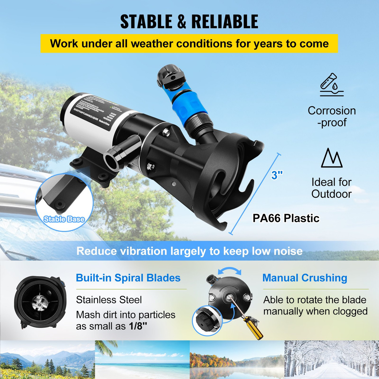 RV Macerator Pump, 12V 12GPM Self-priming Water Waste Pumps w/RV Connector & Hose, 16 ft Lifting Height, 60s Dry Run Quick Release, Fresh Water Rinse & Manual Crushing Function, for RV Yacht