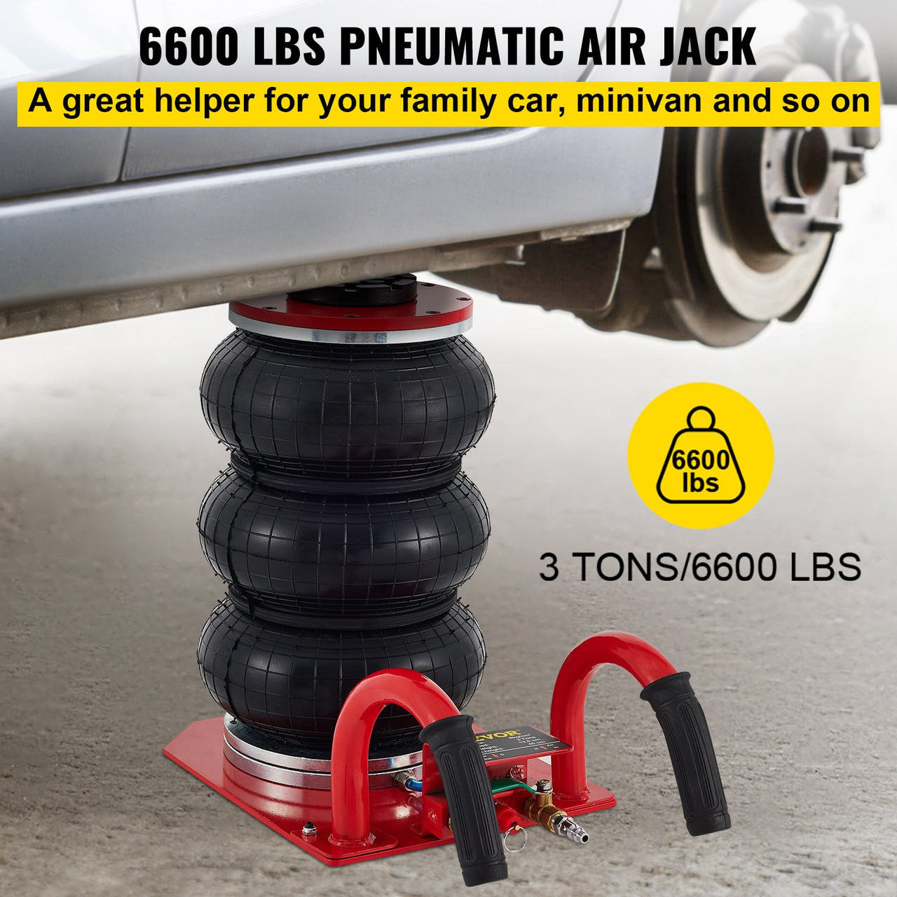 Triple Bag Air Jack, 3 Ton (6600 lbs) Capacity, Portable Pneumatic Car Jacks, Fast Lifting up to 16 Inch Height, Heavy Duty & Quick Lifting for Garage Car Repair, Red