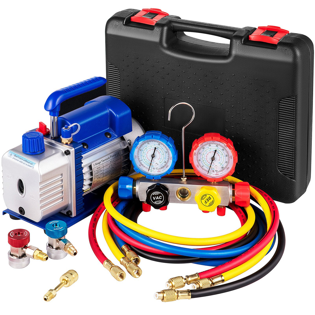 Vacuum Pump 4.8CFM 1/4 HP Single Stage HVAC A/C Refrigeration Kit 5PA Ultimate Vacuum Manifold Gauge Set R410A R134A R22 HVAC AC, 4-Way Manifold Gauge and Hose for Air Conditioning Systems