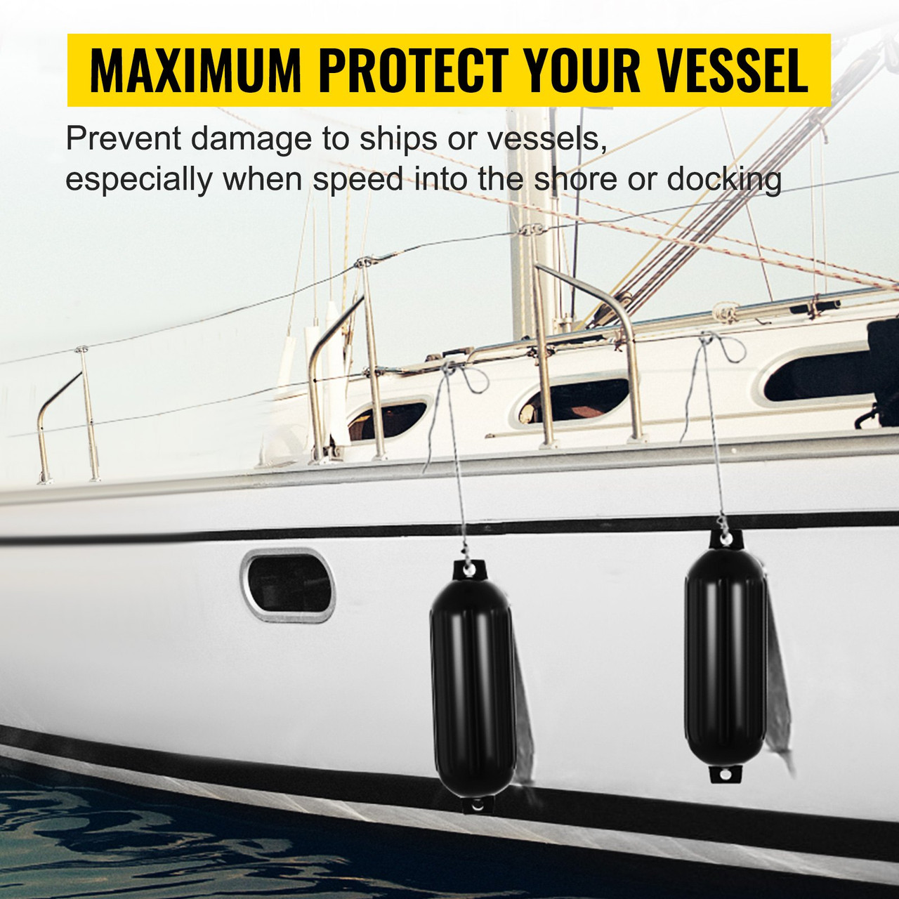 Ribbed Twin Eyes Boat Fender Black Boat Fender Bumper Pack of 4 and Pump to Inflate (Black, 8 x 27 inches)