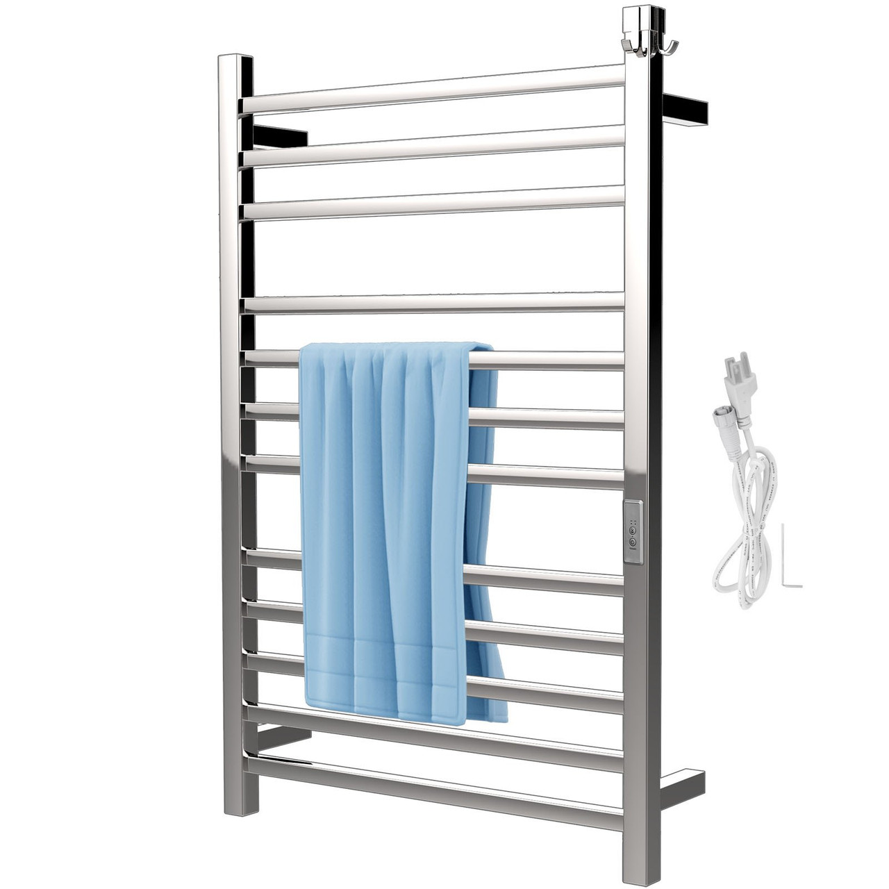 Heated Towel Rack, 12 Bars Design, Mirror Polished Stainless Steel Electric Towel Warmer with Built-in Timer, Wall-Mounted for Bathroom, Plug-in/Hardwired, UL Certificated, Silver