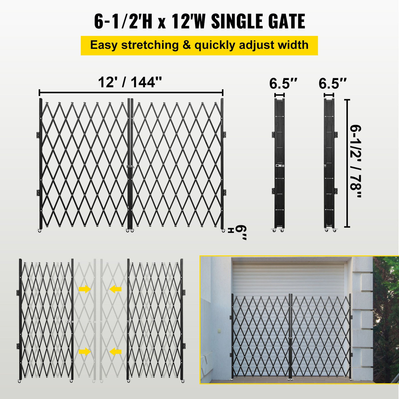 Double Folding Security Gate, 6-1/2' H x 12' W Folding Door Gate, Steel Accordion Security Gate, Flexible Expanding Security Gate, 360° Rolling Barricade Gate, Scissor Gate or Door with Keys