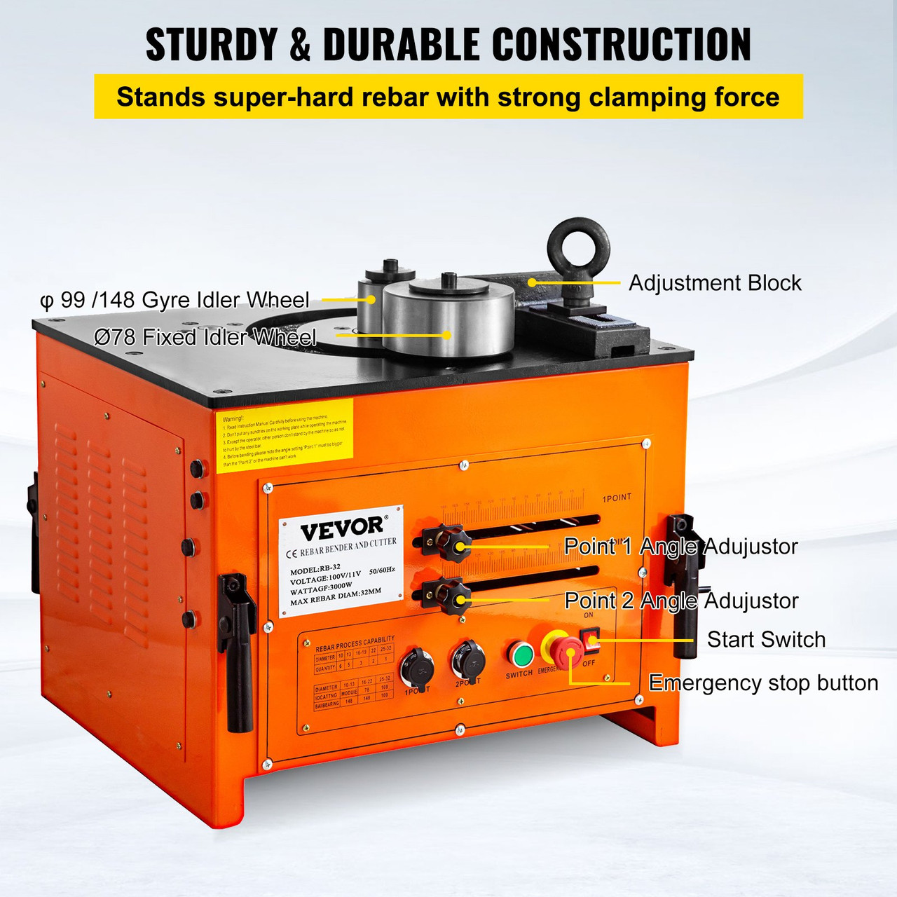 Hydraulic Rebar Bender, 3000W Electric Rebar Bender, 0.24''-1.26''/6-32 mm Max Rebar Diameter, Rebar Steel Bender, Bending Machine For Bending Rebar, Steel Bar, Steel Rod