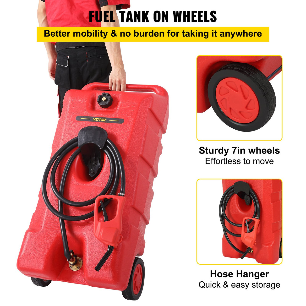 Fuel Caddy, 25 Gallon, Gas Storage Tank on-Wheels, with Siphon Pump and 9.8 ft Long Hose, Gasoline Diesel Fuel Container for Cars, Lawn Mowers, ATVs, Boats, More, Red