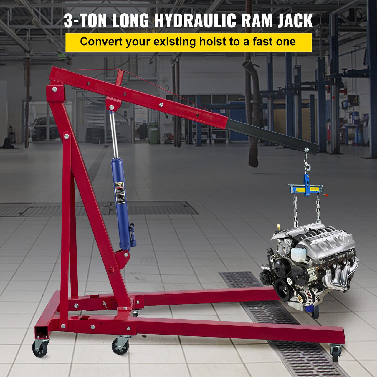 Hydraulic Long Ram Jack, 3 Tons/6600 lbs Capacity, with Single Piston Pump and Clevis Base, Manual Cherry Picker w/Handle, for Garage/Shop Cranes, Engine Lift Hoist, Blue
