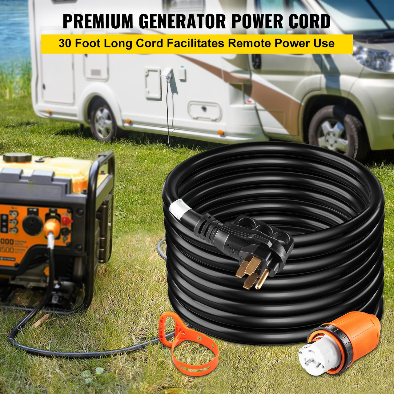 Generator Cord, 30' Generator Power Cord w/ Plug in & Out Pin of Inlet Box Side, 50AMP SS2-50R/CS6375 Style Inlets Cable, 12000W UL Listed Extension Cord, 125/250V Power Generator Cord w/ Strap