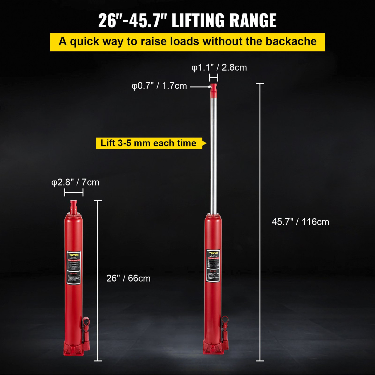 Hydraulic Long Ram Jack, 3 Tons/6600 lbs Capacity, with Single Piston Pump and Flat Base, Manual Cherry Picker w/Handle, for Garage/Shop Cranes, Engine Lift Hoist, Red