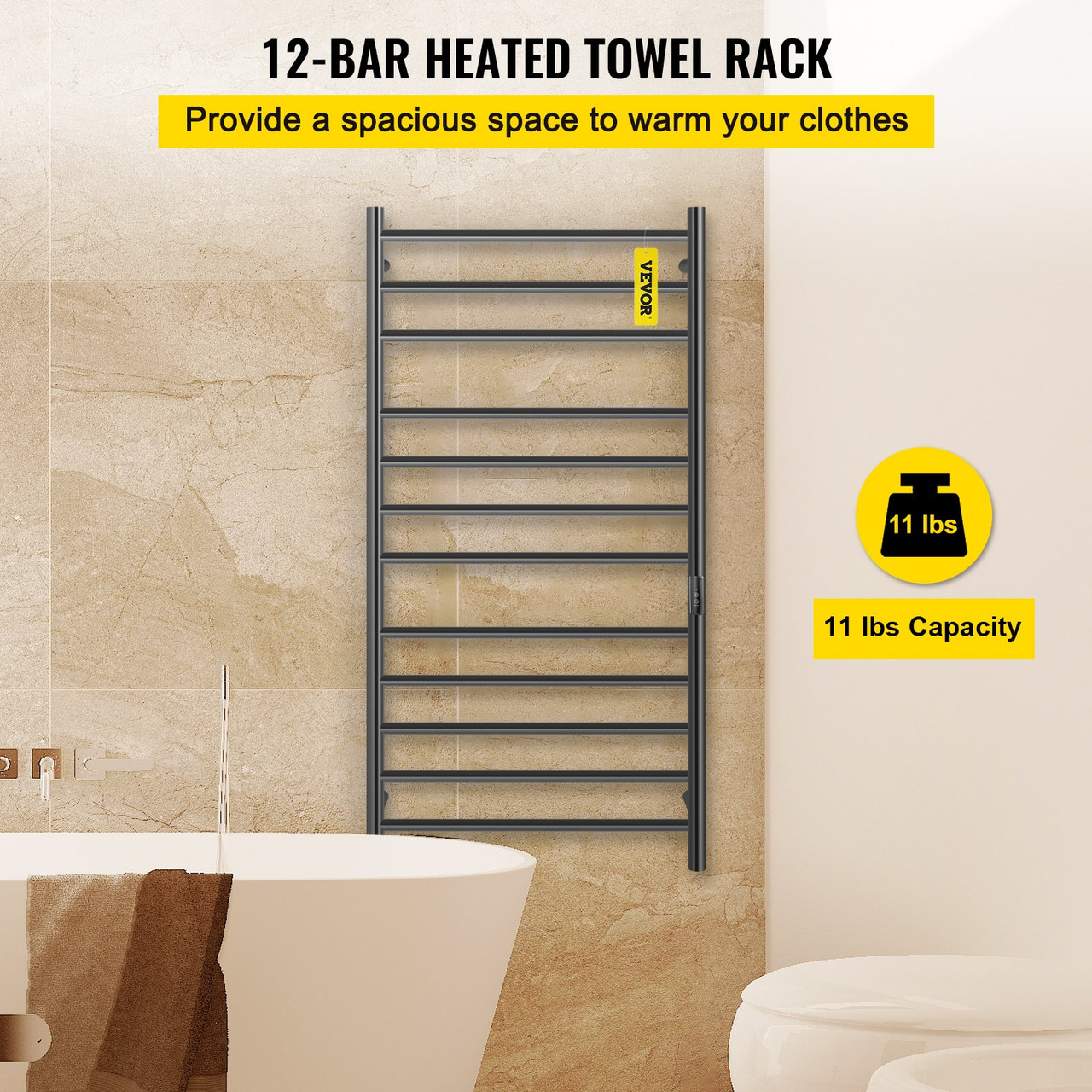 Heated Towel Rack, 12-Bar Towel Warmer Rack, Wall Mounted Electric Towel Warmer, Electric Towel Drying Rack w/Timer, Matte Black Stainless Steel Heated Towel Warmer for Bath, Plug-in/Hardwired