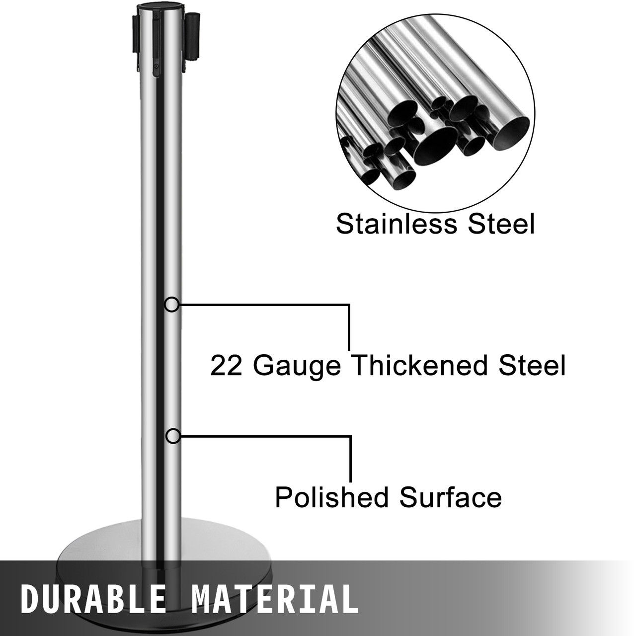 6pcs Queue Posts W/ Black Retractable Belt Stainless Steel Restaurants Outdoor