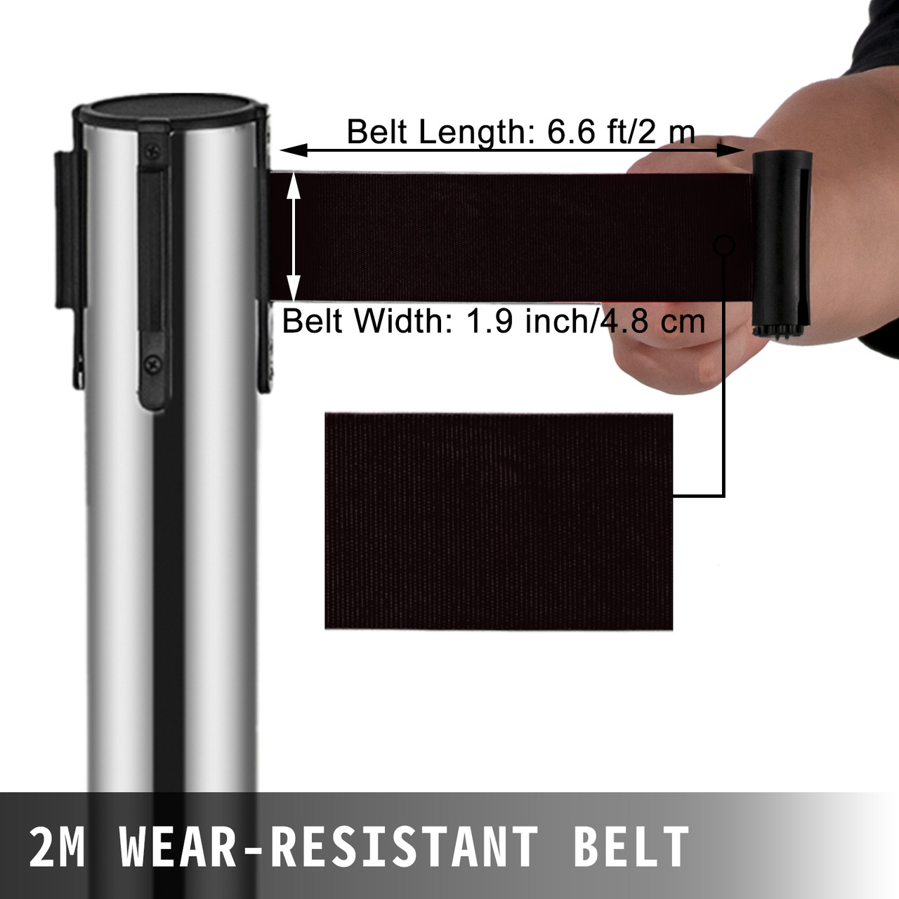6pcs Queue Posts W/ Black Retractable Belt Stainless Steel Restaurants Outdoor