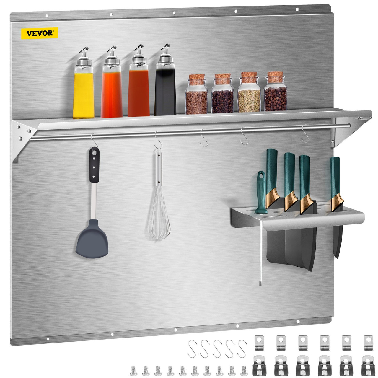 Range Backsplash with Shelf 29.5 x 29.5 Inch Range Hood Wall Shield, Stainless Steel Backsplash Silver Splash Plate for Range Hood Stainless Backsplash with Storage Shelf and Hanging Rack