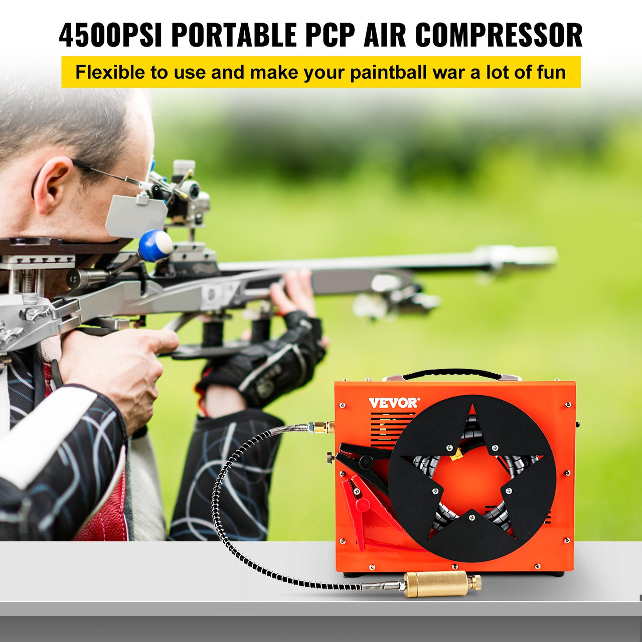 PCP Air Compressor, Auto-stop Powered by DC 12V Car or Home AC 110V/220V, 4500Psi/30Mpa/300Bar w/Built-in Water/Oil Adapter & Cooling Fan for Paintball, Scuba, Air Rifle